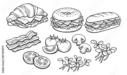 Hand drawn line art deli food and fresh ingredients set featuring assorted sandwiches, bacon, tomatoes, mushrooms, and microgreens for menus and recipe designs