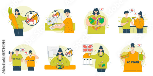 Collection of people enjoying healthy food  promoting vegan style