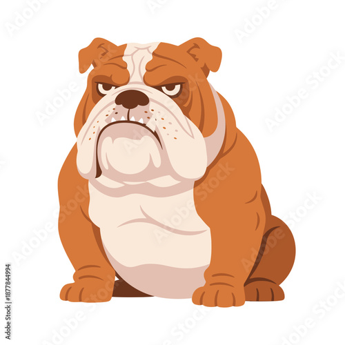 Angry bulldog with brown and white fur looking directly ahead