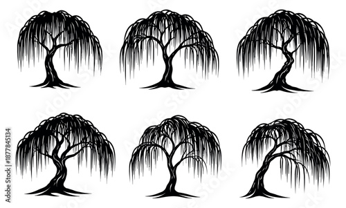 Stylized silhouette willow tree set featuring weeping willow designs for nature and garden projects