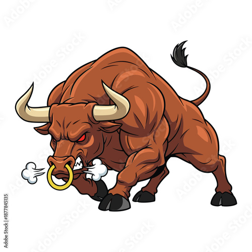 Angry brown bull with gold ring in nose charging forward aggressively