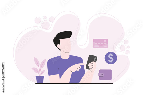 Flat vector illustration of a man using smartphone for mobile payment and digital wallet. Concept of fintech, cashless payment, online transaction, financial technology, and modern banking.