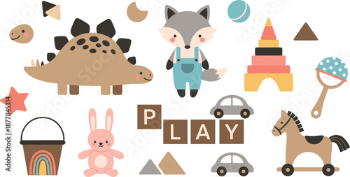 Large collection of cute nursery toys and boho style elements, flat vector illustrations featuring dinosaur, fox, bunny, and wooden toys for kids' room decor and baby shower designs.