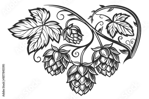  Black and white illustration, heart-shaped composition, detailed hop cones, intricate botanical drawing, beer ingredient art, clustered hops, vine leaves, realistic texture, vintage engraving style