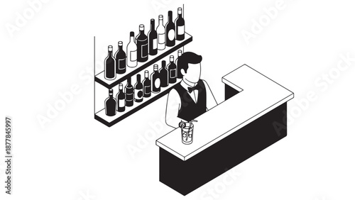 Isometric Line Illustration Of A Bartender Working Behind A Well-Stocked Bar Shelves Of Bottles Visible, Conceptual Artwork For World Bartender Day Celebration And Professional Recognition