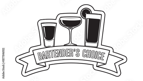 Bartender's Choice vector line art banner featuring assorted cocktail glasses like shot coupe and highball optimized for World Bartender Day celebration and professional mixology service