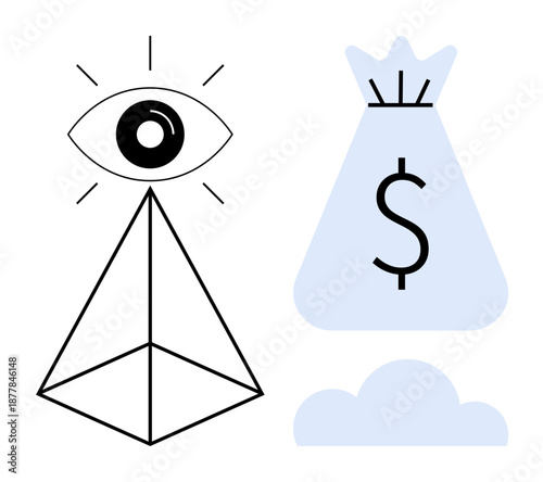 Eye over geometric pyramid and dollar-marked money bag with cloud shape. Ideal for finance, wealth management, business vision, profitability, investment, conceptual art, and economic growth concepts