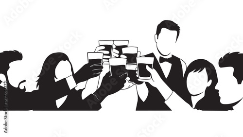 Hero Black And White Vector Illustration Of A Bartender And Patrons Raising Glasses In A Celebratory Toast With Emphasis On Clustered Hands And Glass Silhouettes For Banner Use