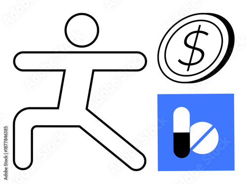 Health and wellness, financial management, pharmaceutical costs, fitness affordability, alternative therapy, holistic healing. Person in yoga pose with coin and pill icon. Health and wellness