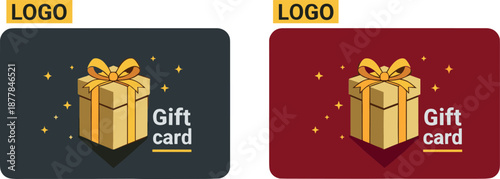Set of gift card templates with gift box illustration, black and red voucher designs with gold ribbon for shopping and loyalty programs