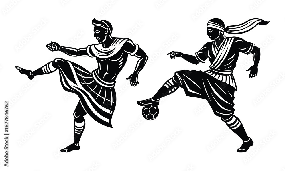 Fototapeta premium Stylized Traditional Ball Game Players Monochrome Illustration