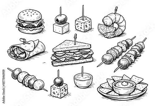 Hand drawn line art appetizer and finger food set featuring mini burgers, sandwiches, kebabs, wraps, chips, and shrimp for party menus