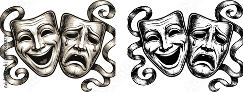 Theater or theatre drama comedy and tragedy masks in a vintage woodcut etching style