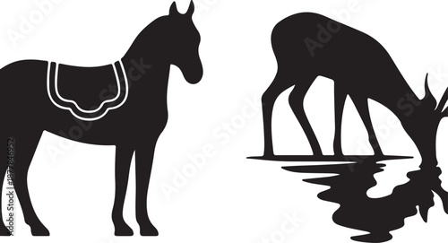 Silhouette of a horse with saddle and a grazing deer in black and white