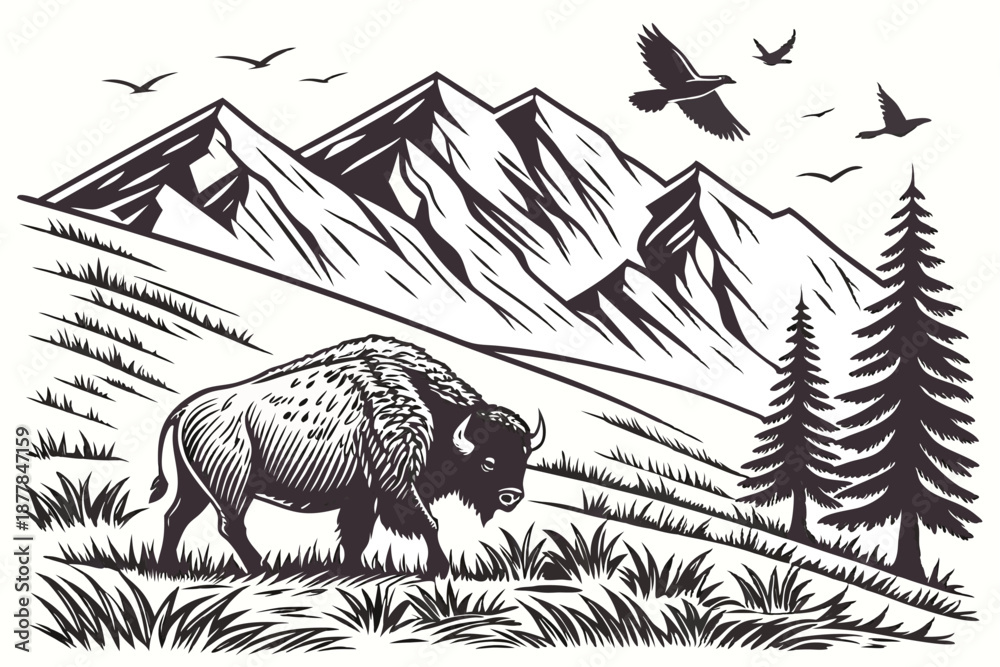 Fototapeta premium Detailed engraving style, bull grazing in mountain meadow, majestic snow-capped peaks, pine forest silhouette, soaring birds, intricate line work, black and white illustration, vintage woodcut aest