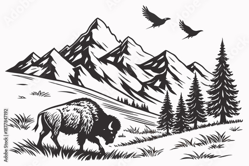 Detailed engraving style, bull grazing in mountain meadow, majestic snow-capped peaks, pine forest silhouette, soaring birds, intricate line work, black and white illustration, vintage woodcut aest