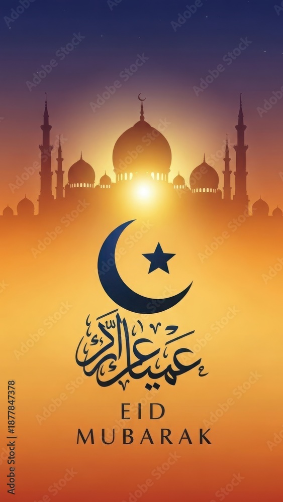Obraz premium Eid Mubarak Greeting Card with Mosque Silhouette and Crescent Moon