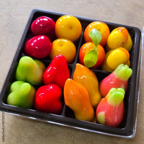 Luk chup, Colourful fruit and vegetable shaped beautiful Thai sweet mung bean coconut milk desert, Thai desert.