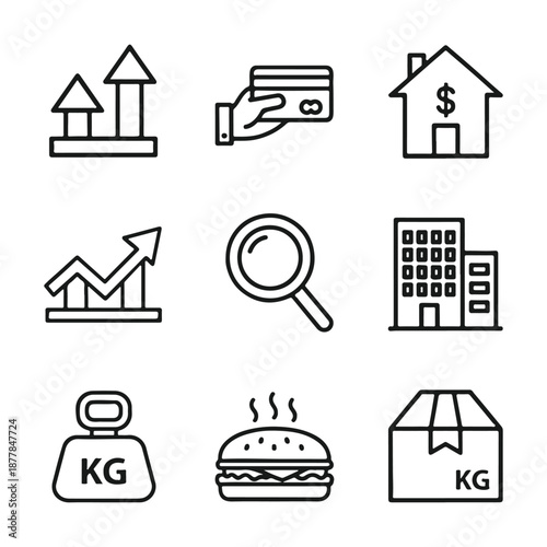 Iconic Set: A versatile collection of minimalist icons, perfect for illustrating diverse concepts, from financial growth and real estate to consumerism, investigation, and weight management.