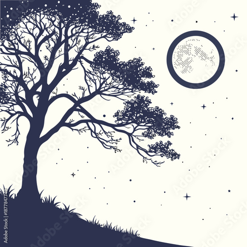 Silhouette of a tree under a moonlit sky