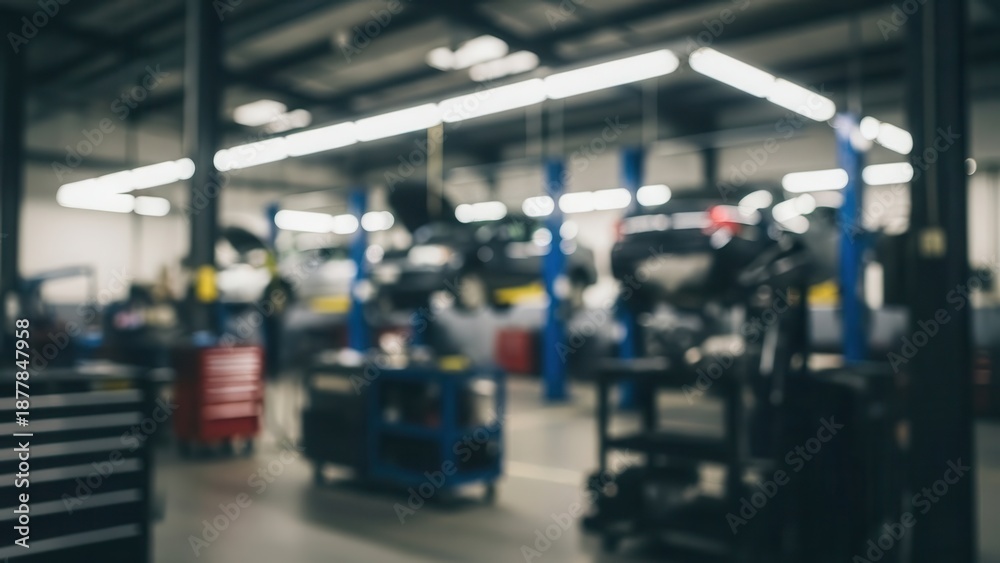 Obraz premium Busy car workshop with multiple vehicles under maintenance