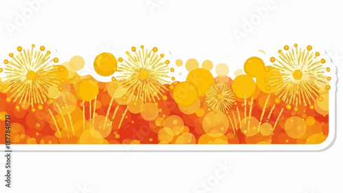 Abstract golden floral shapes bloom in warm hues against a fiery orange background