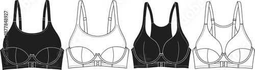 Women’s bra lingerie icons in outline and solid styles showing undergarment designs for fashion, apparel, and clothing projects