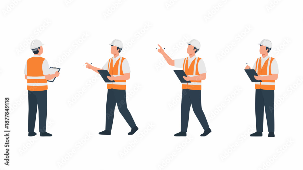 Obraz premium Four male engineers or construction workers in safety gear with clipboards, inspecting or planning.