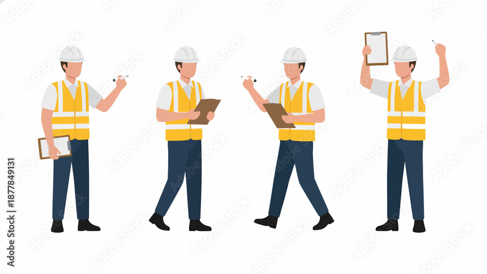 Obraz premium Four male construction workers or engineers in safety gear with clipboards and pens.