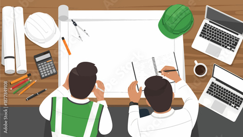 Two designers collaborating on a project with laptops and art supplies on a wooden desk viewed from above