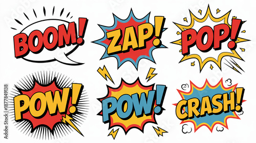 Collection of comic book sound effect words including BOOM ZAP POP POW and CRASH in a retro pop art style for graphic design