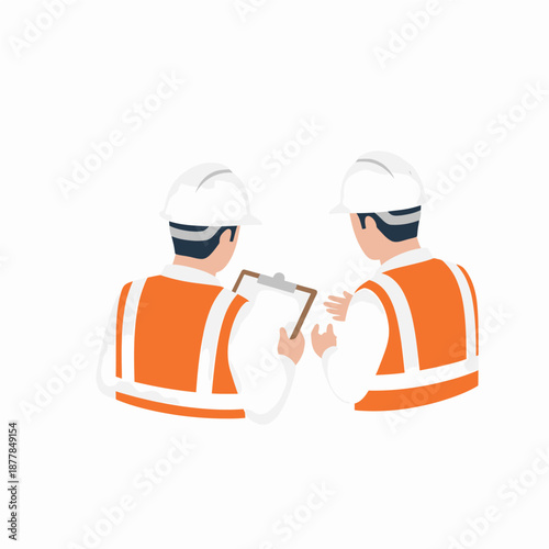 Two construction workers or engineers in hard hats and safety vests discussing plans and reviewing a clipboard, seen from behind.