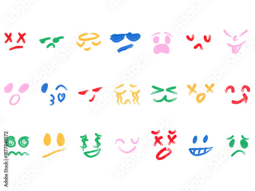 Canvastavla hand drawn font, Colorful crayon emoji faces in doodle style