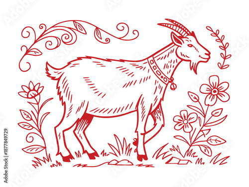 Stylized Goat Folk Art Illustration, Vintage Decorative Design