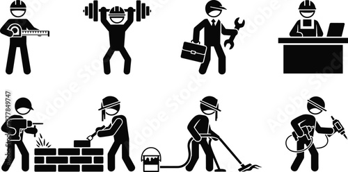 Silhouette icons of diverse professions including construction, fitness, welding, cleaning, engineering, and office work in black vector style