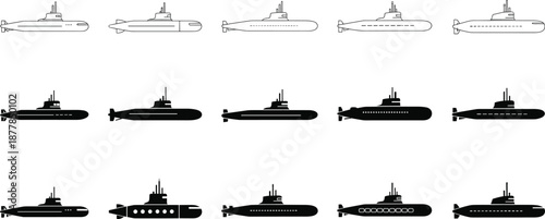 Submarine icon set in outline and solid styles featuring underwater military vessels for naval, ocean, and marine design projects