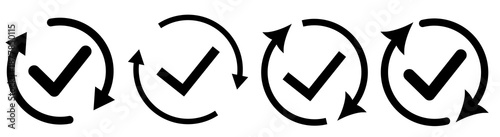 Update icon set featuring rotating check marks and refresh symbols. Industrial cycle concept. 