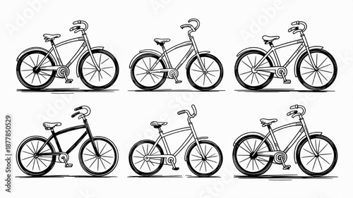 Collection of six bicycle illustrations various styles and colors simple line art design for transportation or sport concepts isolated on white background