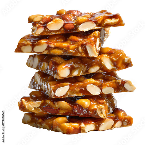 Delicious peanut brittle sweet candy treat stack, Isolated on transparent background