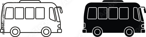 Mini bus transportation icons in outline and solid styles for travel, transit, vehicle, and public transport graphic design