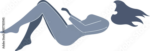 Abstract illustration of a relaxed figure, with flowing hair, in shades of blue and grey