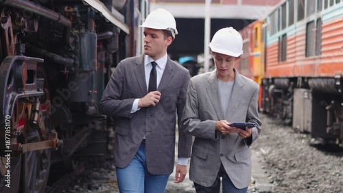 Businesspeople walking and checking train on construction site