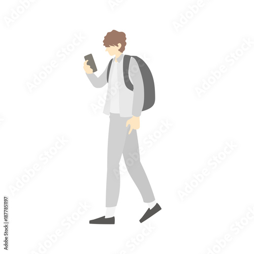 スマホを見ながら歩くリュック、カバンを背負った男性