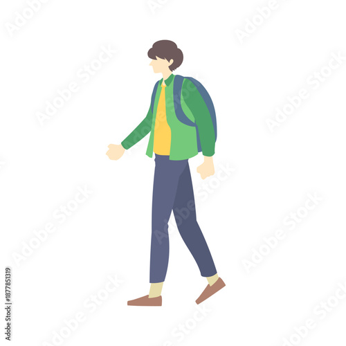 リュック、鞄を背負って一人で歩く春服の男性