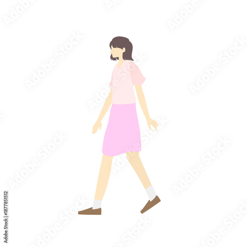 一人で歩く春服、膝丈スカートの女性