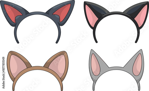 Cute cat ear headbands collection, colorful animal costume accessories, vector set for party dress and cosplay