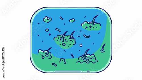 Abstract illustration of microscopic elements and wavy patterns in green and blue