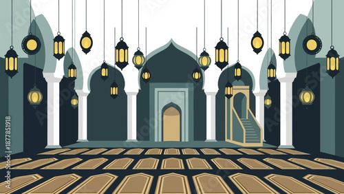 Islamic mosque interior with ornate arches and hanging lanterns