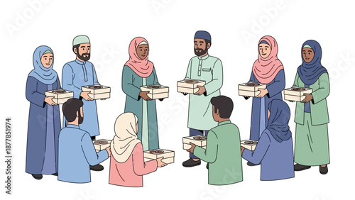 Diverse group sharing food boxes in community gathering