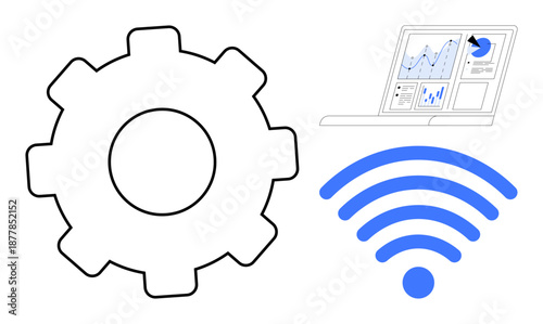 Technology, connectivity, data analysis, workflow optimization, internet services, productivity. A gear, analytics laptop and wireless icon. Technology and connectivity for data analysis